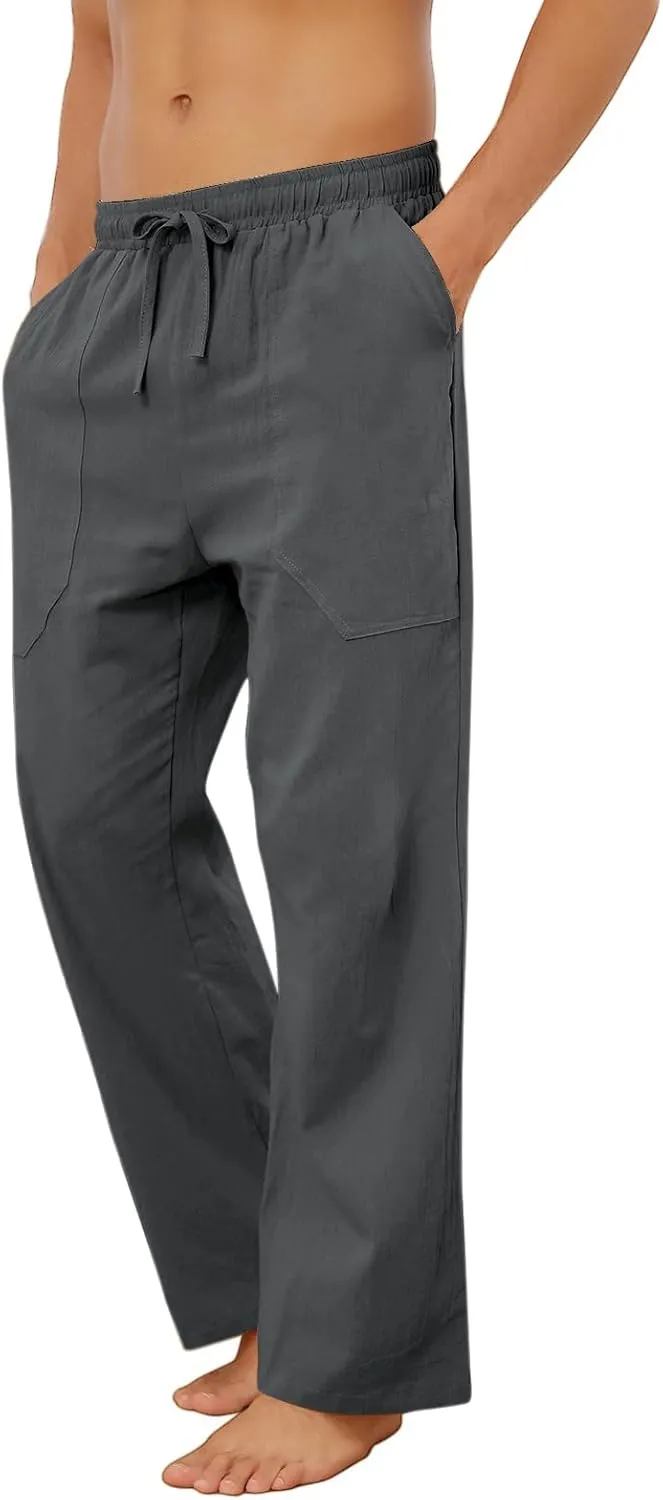 Puimentiua Cotton Linen Pants Men Casual Loose Fit Elastic Drawstring Waist Summer Beach Pants