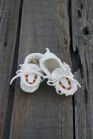 Infant Rainbow Beaded Moccasins - White Buckskin Baby Footwear