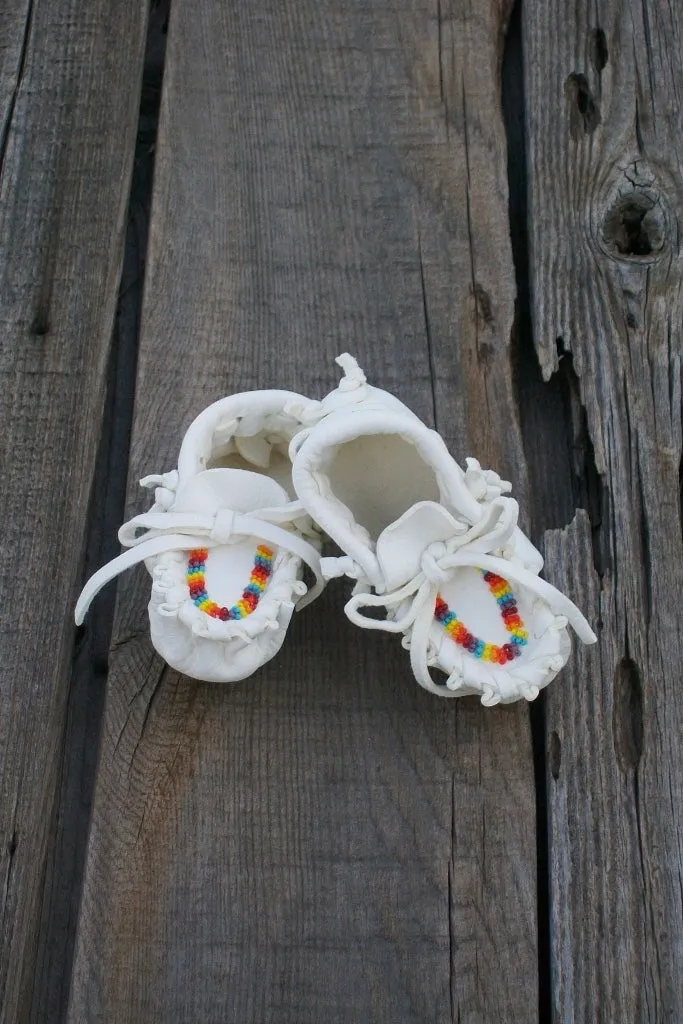 Infant Rainbow Beaded Moccasins - White Buckskin Baby Footwear