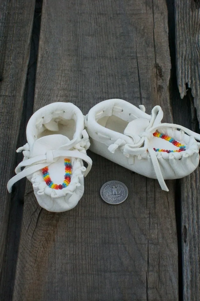 Infant Rainbow Beaded Moccasins - White Buckskin Baby Footwear