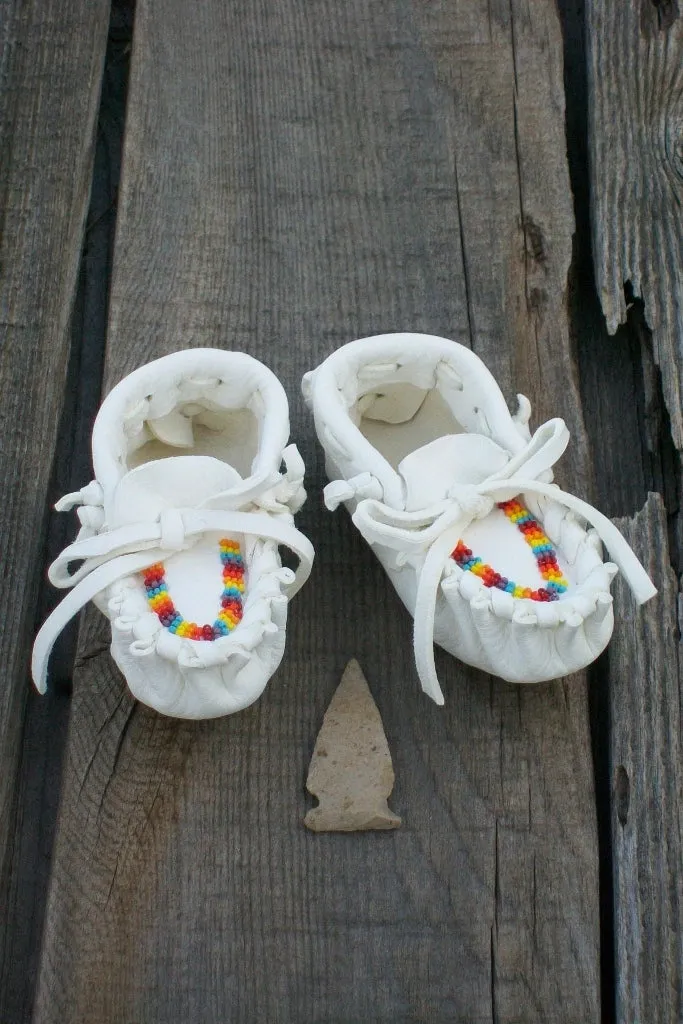 Infant Rainbow Beaded Moccasins - White Buckskin Baby Footwear