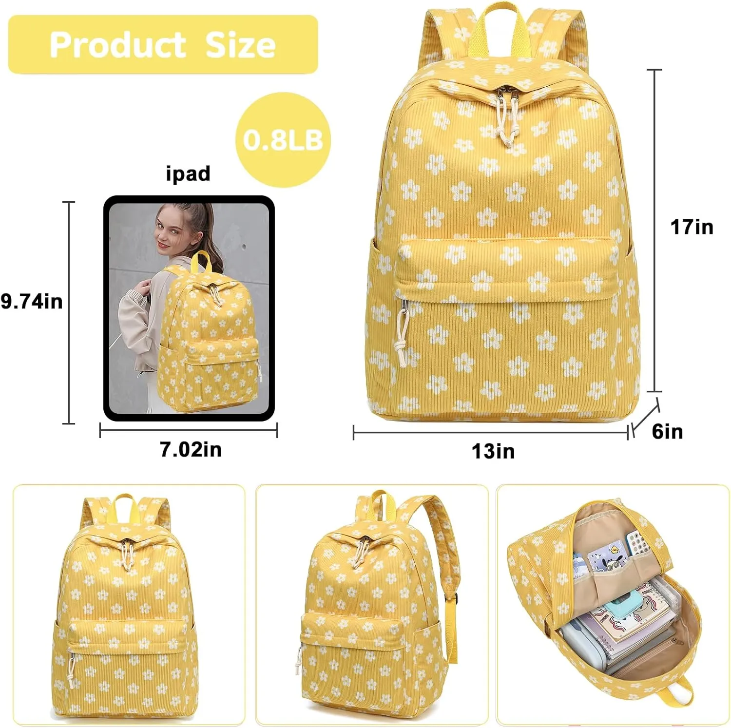 School Backpack for Teen Girls Bookbags Elementary High School Corduroy Laptop Bags Women Travel Daypacks