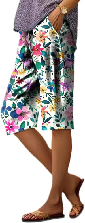 Summer Shorts for Women 2025 Vintage Floral Business Casual High Waisted Elastic Waist Wide Leg Pants